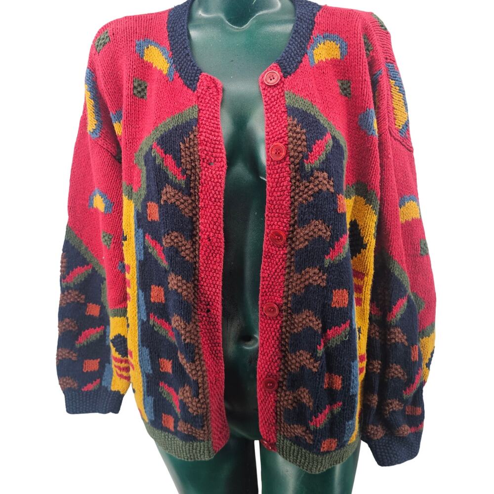 Vintage 90's RTW MultiColor Cardigan Sweater Grannycore Artsy Geometric Hipp S